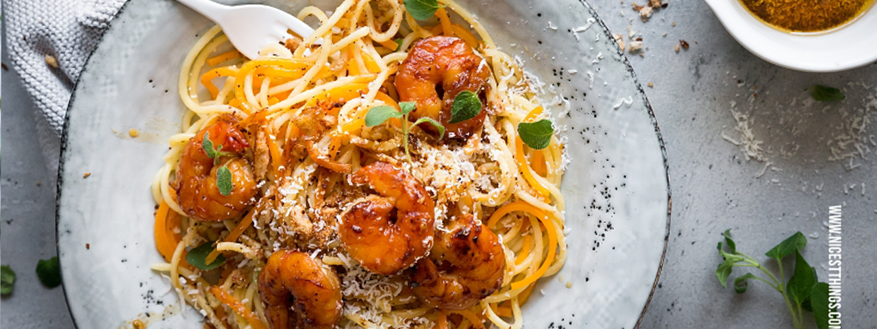 Spaghetti de courge aux crevettes au miel