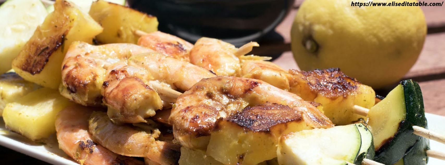 Brochettes crevettes, citron et curry
