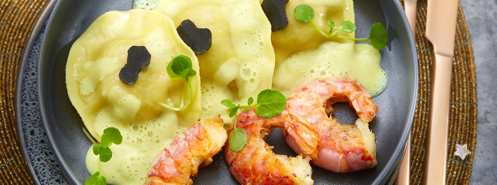 Ravioles à la truffe et crevettes Black Tiger