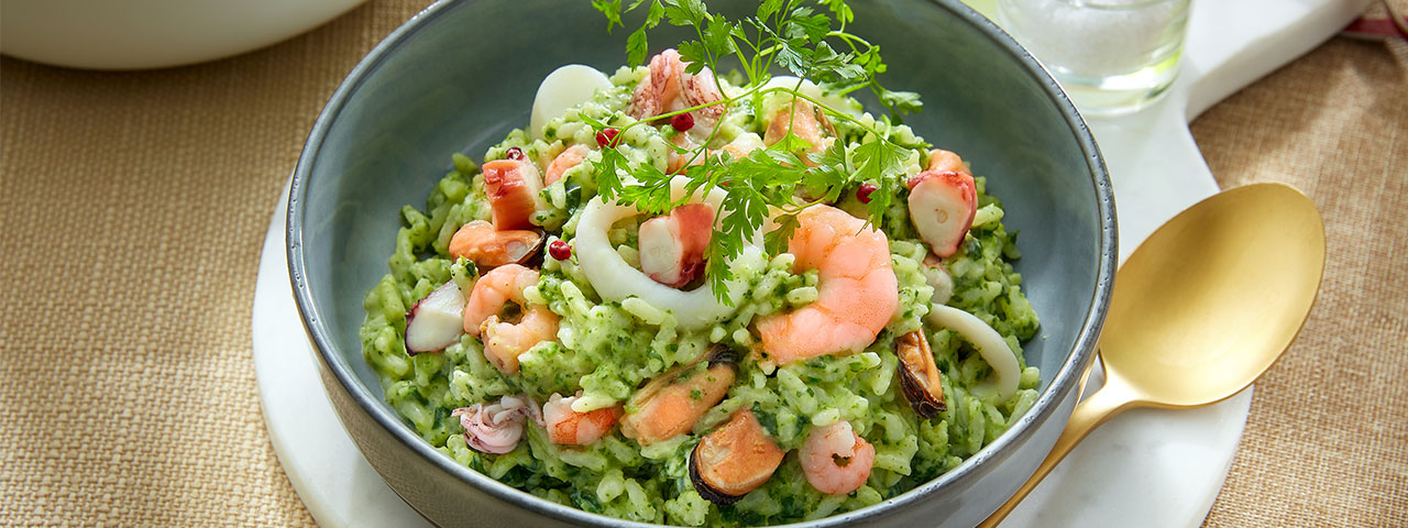 Risotto printanier aux herbes et aux fruits de mer