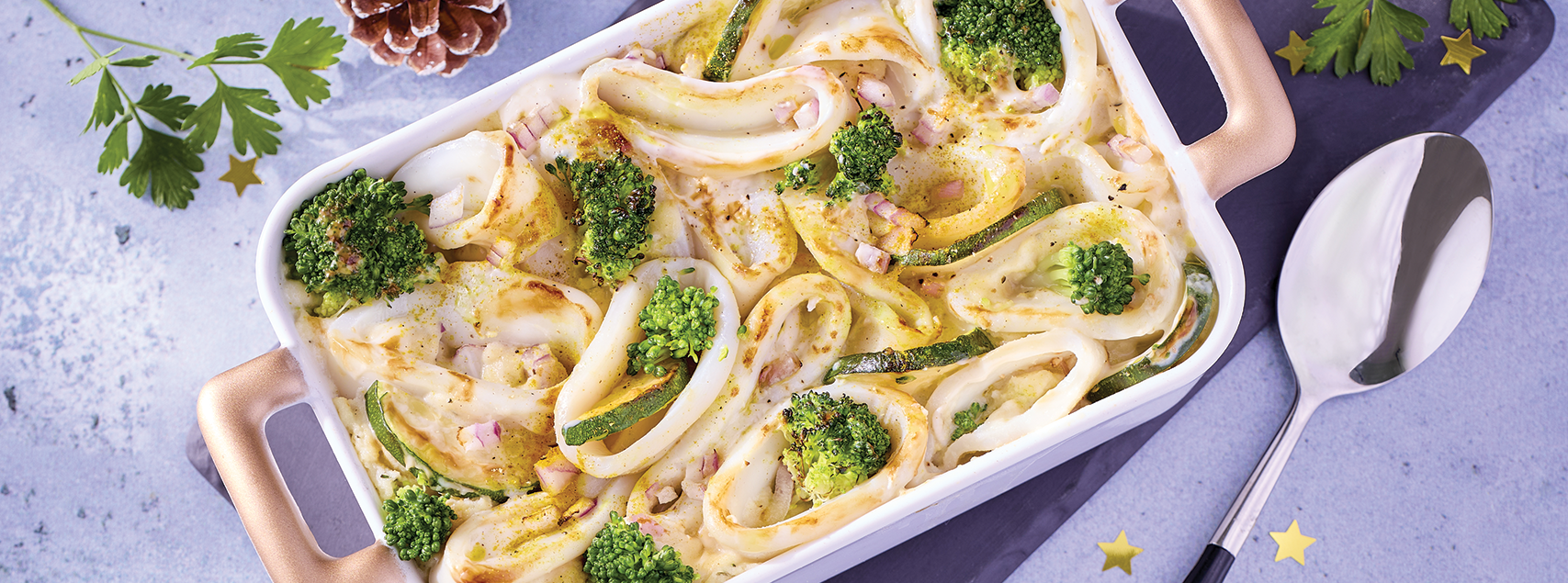 Gratin de calamars, brocoli et courgette
